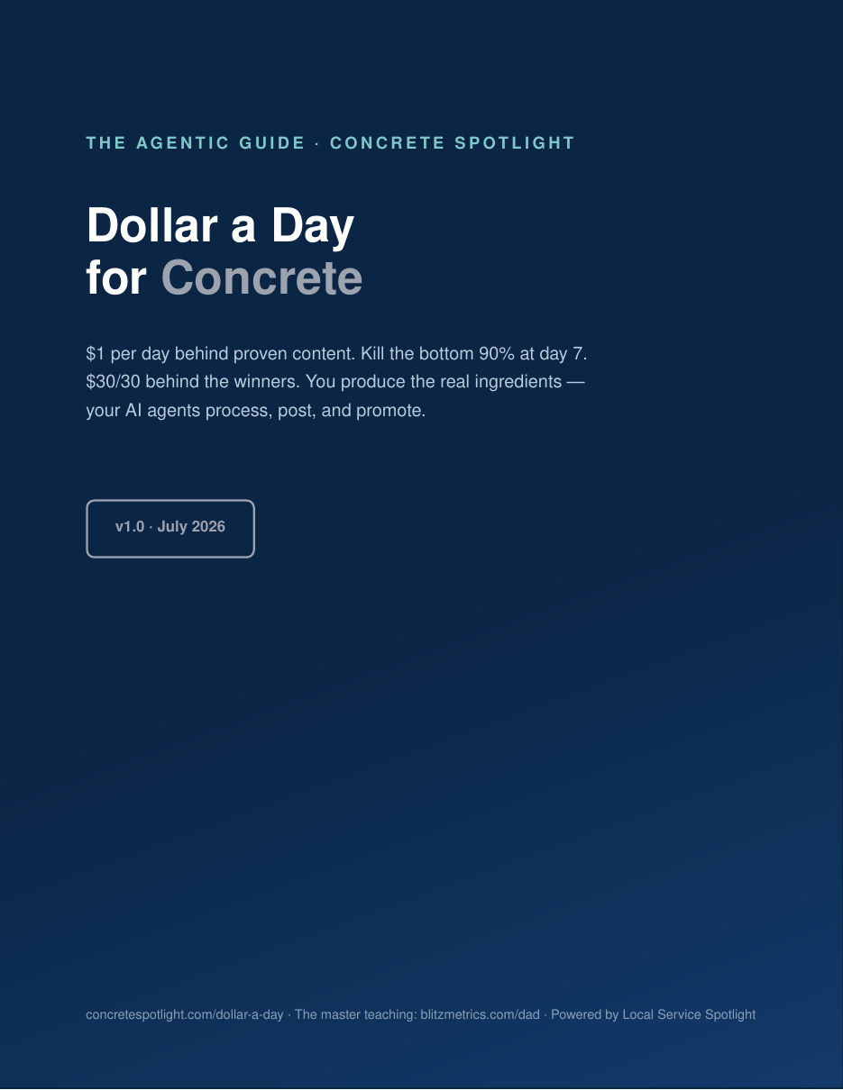 Cover of the Dollar a Day for Concrete PDF guide, Concrete edition, version 1.0 July 2026